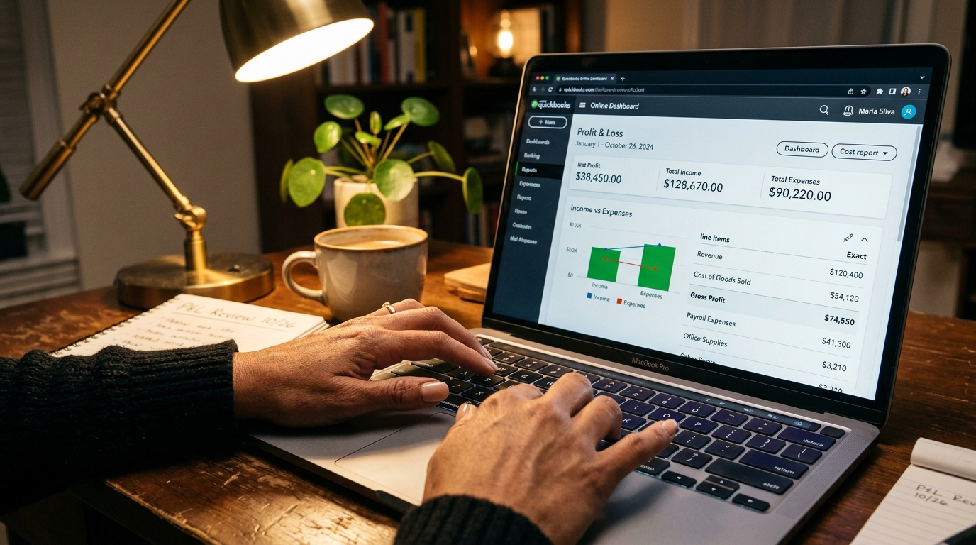 QuickBooks Online profit and loss report open on laptop, nearshore bookkeeper hands visible on keyboard in warm office light