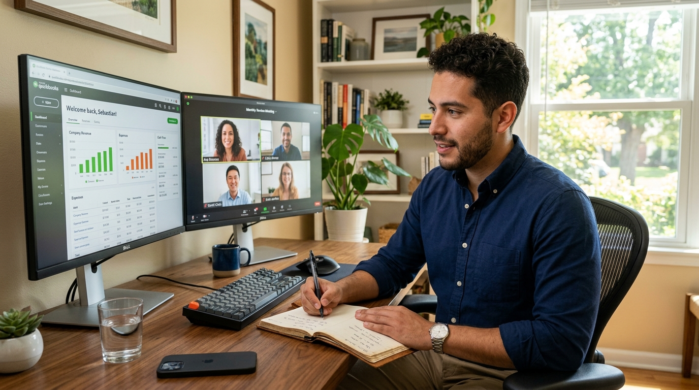Nearshore Latin American QuickBooks bookkeeper on a video call with US client, dual monitor setup showing QuickBooks Online dashboard