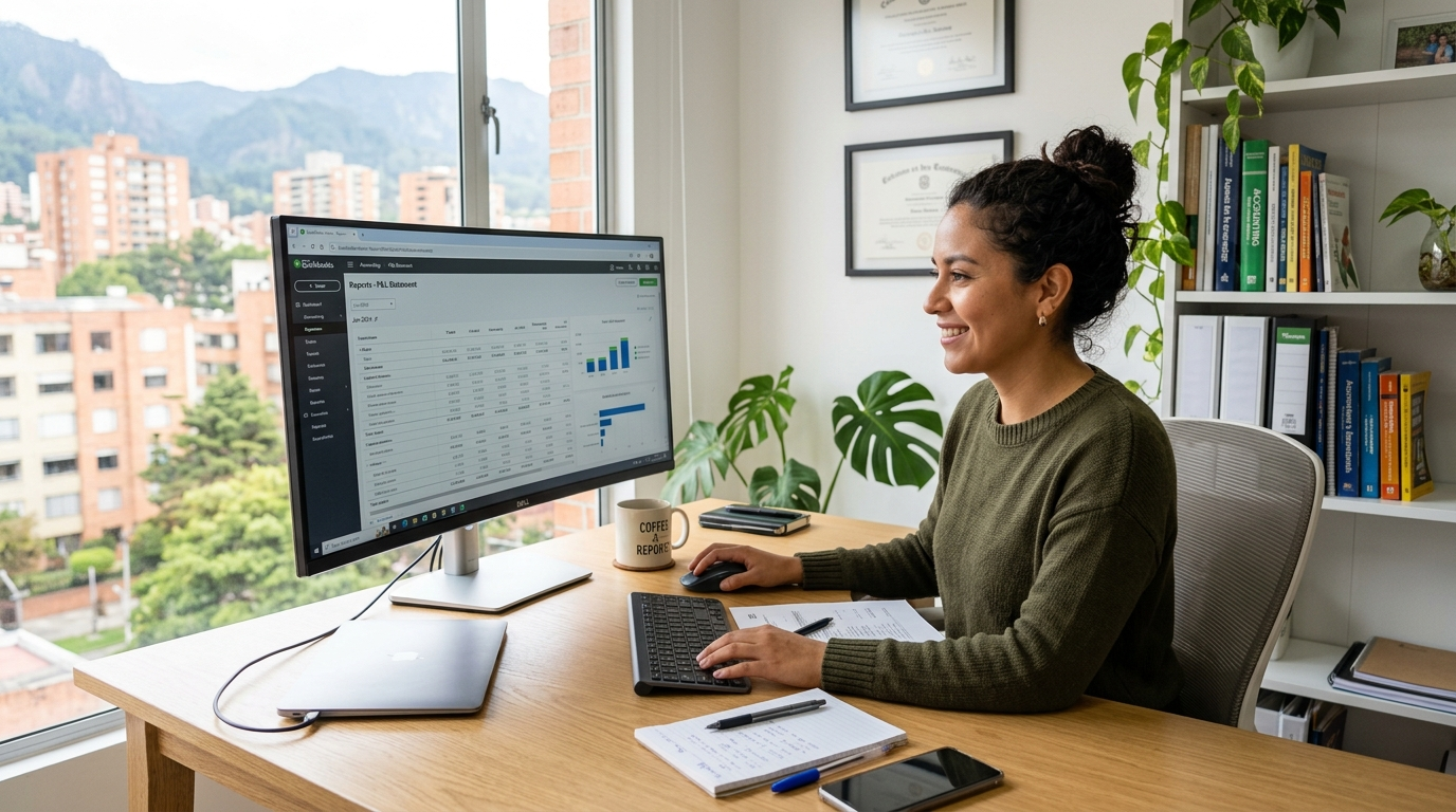 Nearshore virtual bookkeeper reviewing QuickBooks bookkeeping pricing reports on a monitor in a Latin American home office