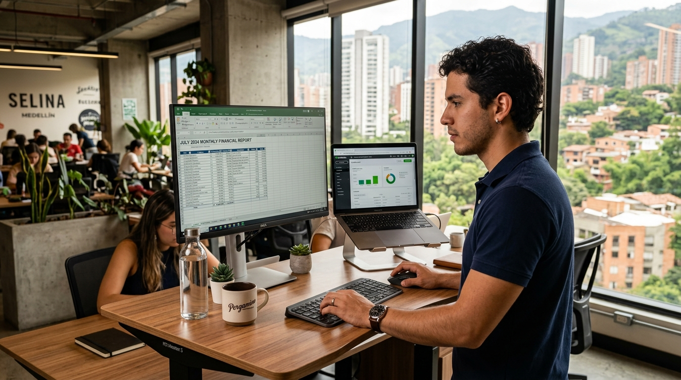 Nearshore QuickBooks bookkeeper working at a standing desk in a Latin American co-working space, monitors showing financial data