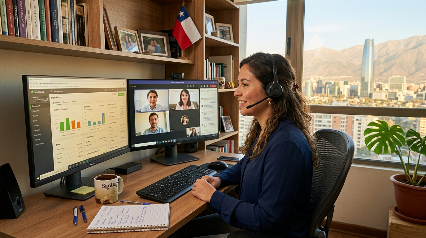 Latin American nearshore bookkeeper on a client video call with QuickBooks Online dashboard visible on dual monitors