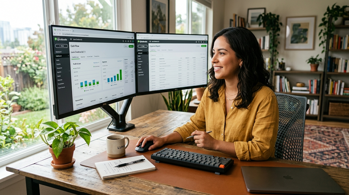 Latin American virtual bookkeeper reviewing a QuickBooks bookkeeping service dashboard on dual monitors in a bright home office