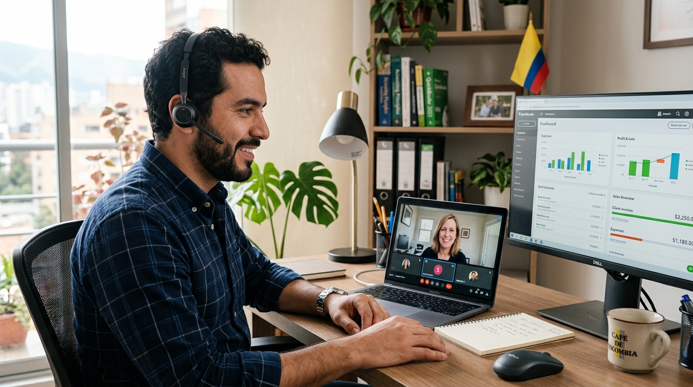 Nearshore QuickBooks bookkeeper on video call with US client, QuickBooks bookkeeping service dashboard visible on screen