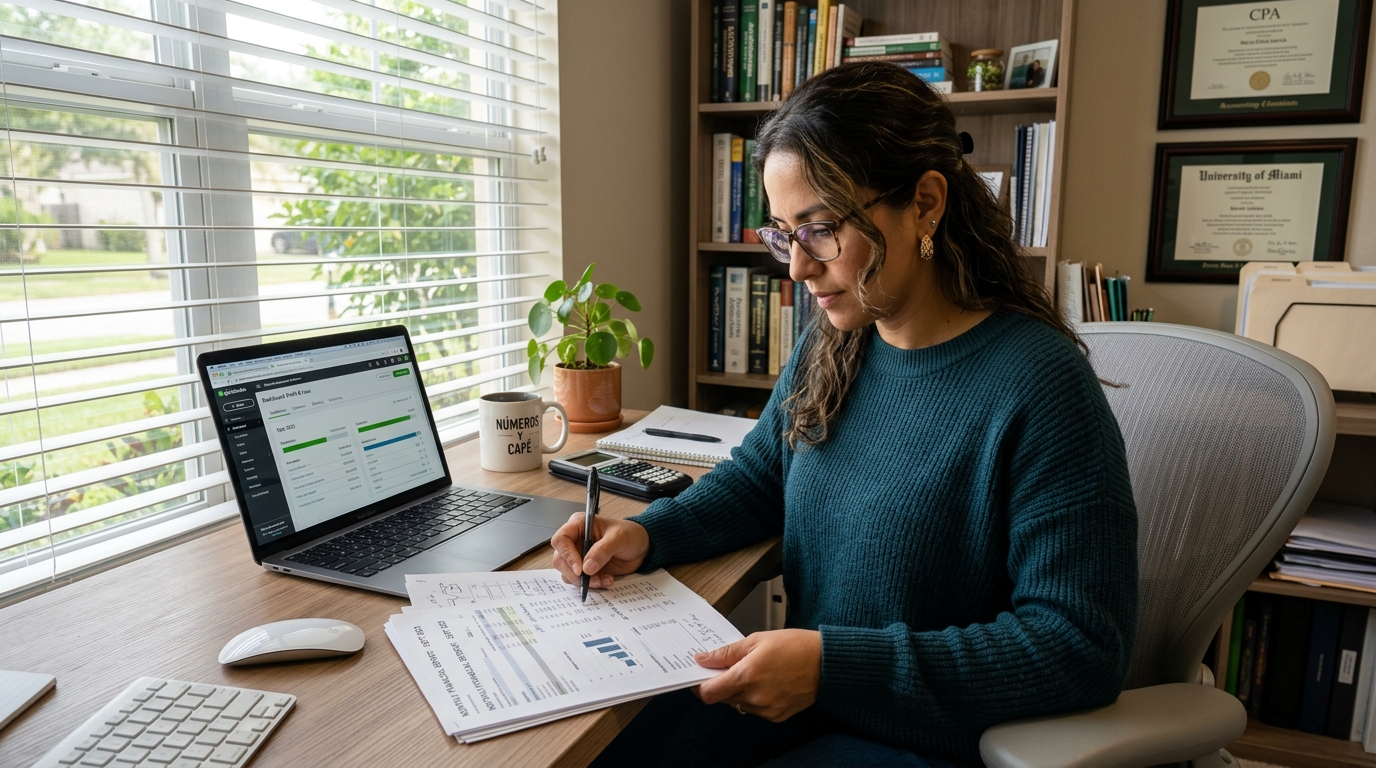 Nearshore QuickBooks bookkeeper reviewing monthly financial reports and QuickBooks bookkeeping service data at a well-lit home office desk