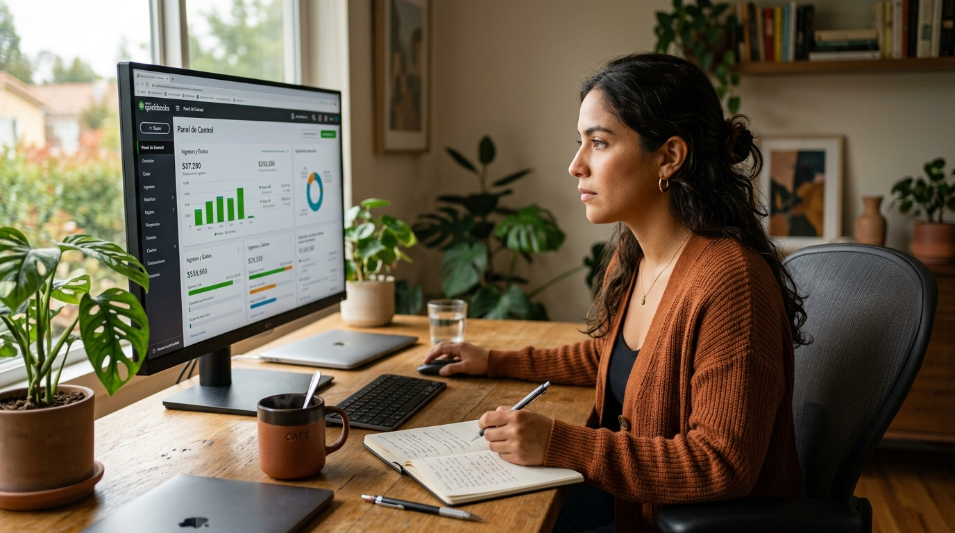 Nearshore bookkeeping VA reviewing QuickBooks full service bookkeeping cost breakdown on a monitor in a bright Latin American home office