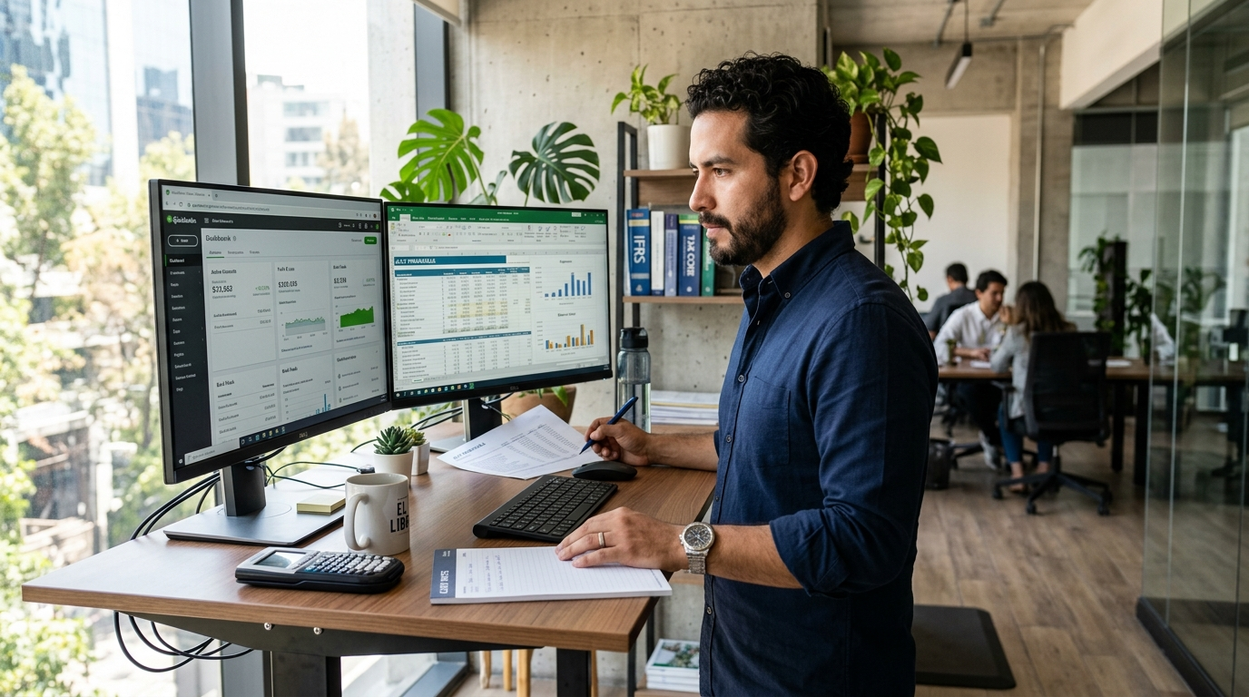 Nearshore QuickBooks bookkeeper reviewing full service bookkeeping cost options on dual monitors in a Latin American office