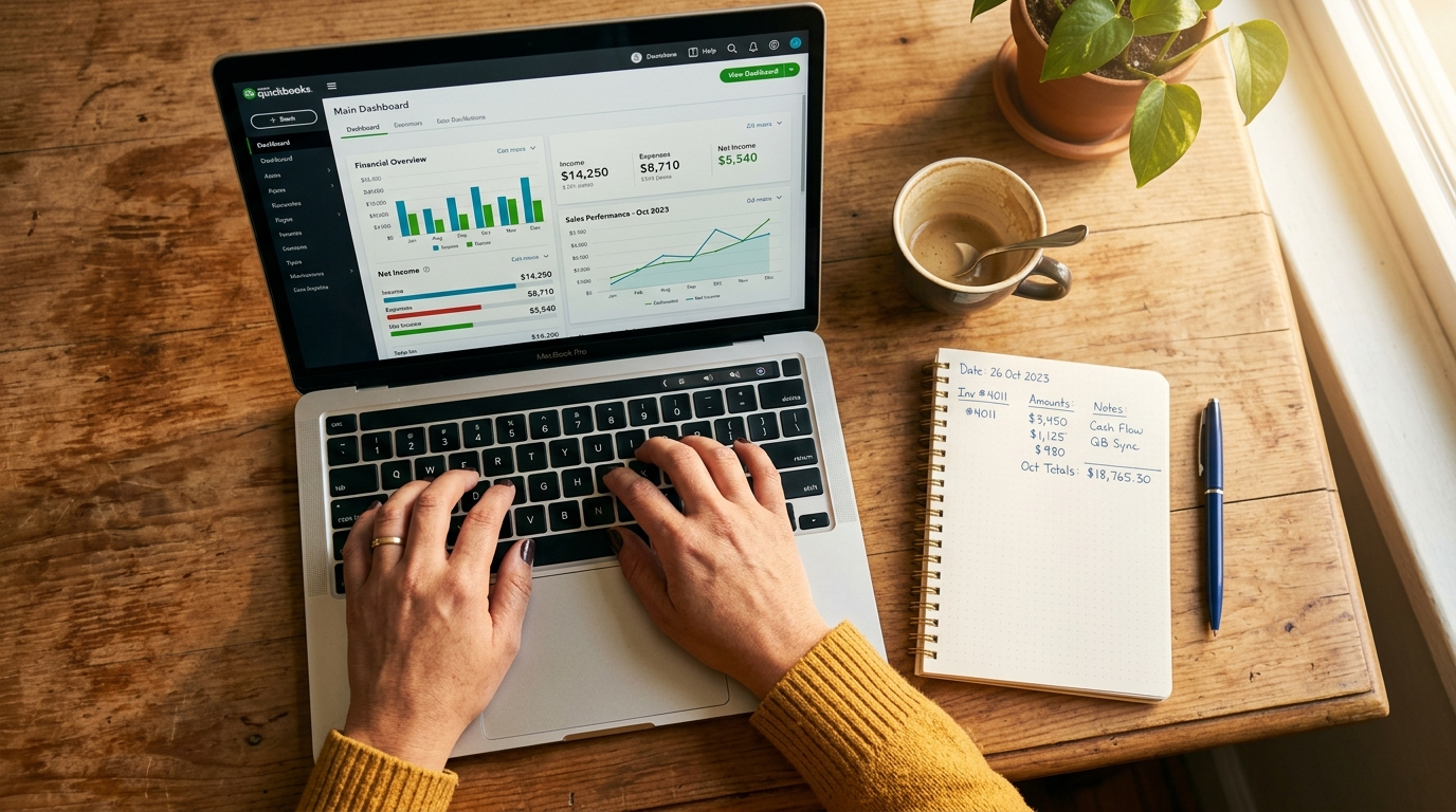 Nearshore bookkeeping VA working in QuickBooks Online full service environment, reviewing monthly cost reports on a warm-lit desk