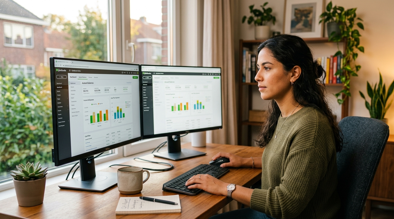 Latin American virtual bookkeeper reviewing QuickBooks full service bookkeeping dashboard on dual monitors in a modern home office