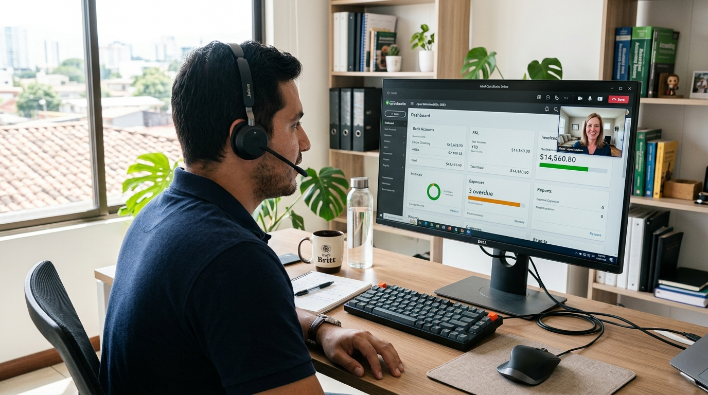 Nearshore QuickBooks bookkeeper on video call with US client reviewing monthly reconciliation and financial reports