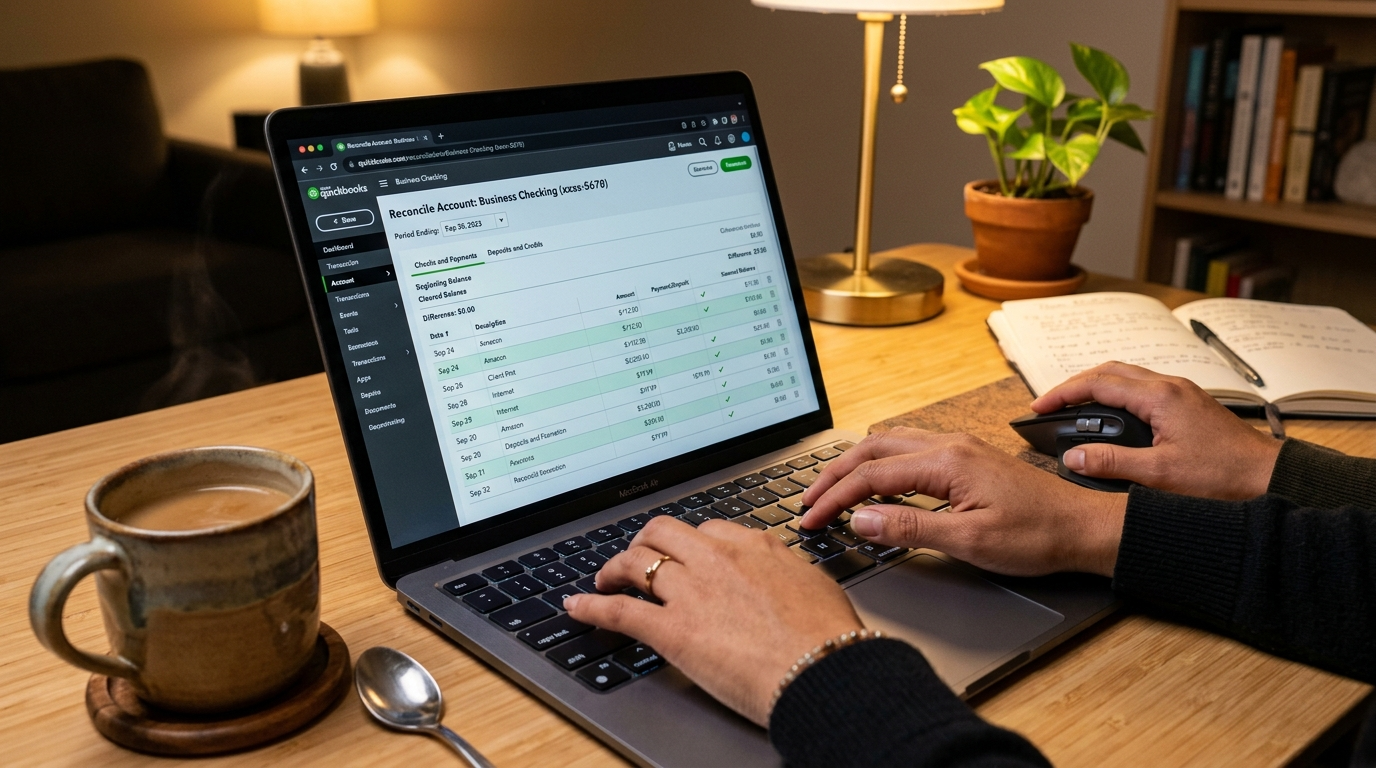 Nearshore virtual bookkeeper completing QuickBooks bank reconciliation on a laptop in a Latin American home office