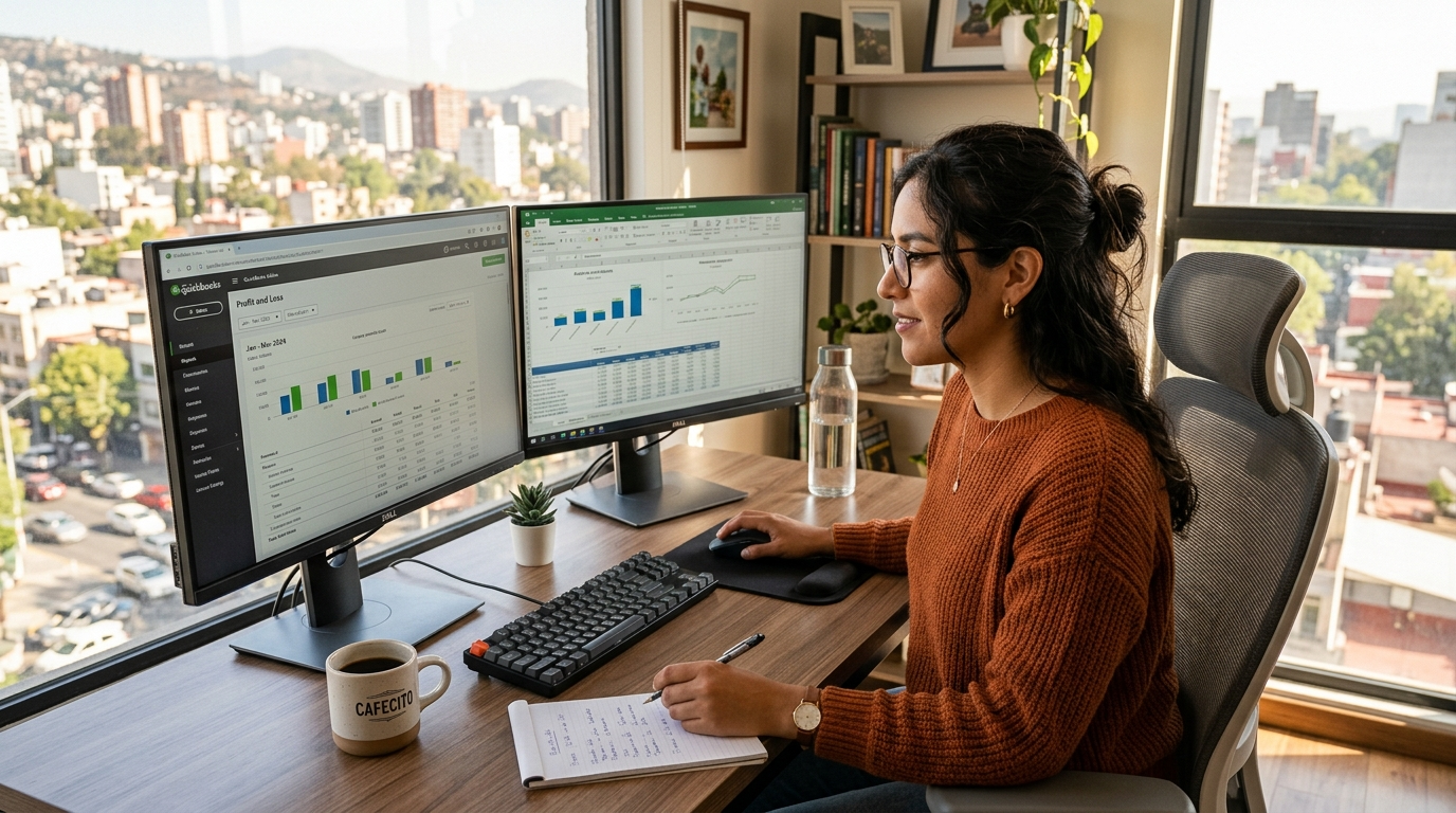 Latin American nearshore bookkeeper reviewing QuickBooks Live bookkeeping cost reports on dual monitors in a sunlit home office