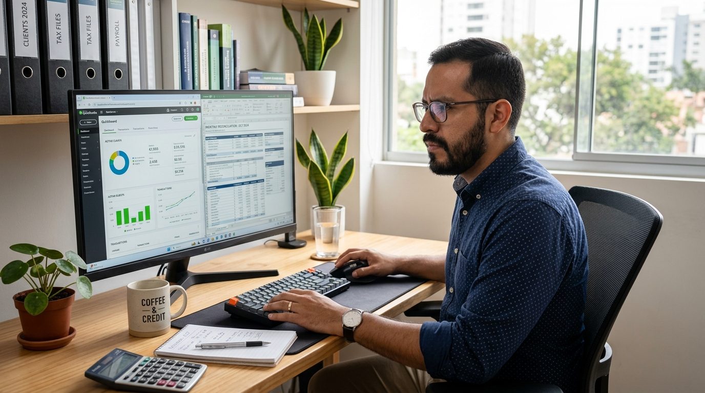 Nearshore bookkeeper comparing QuickBooks Live bookkeeping cost tiers on dual monitors in a modern Latin American home office