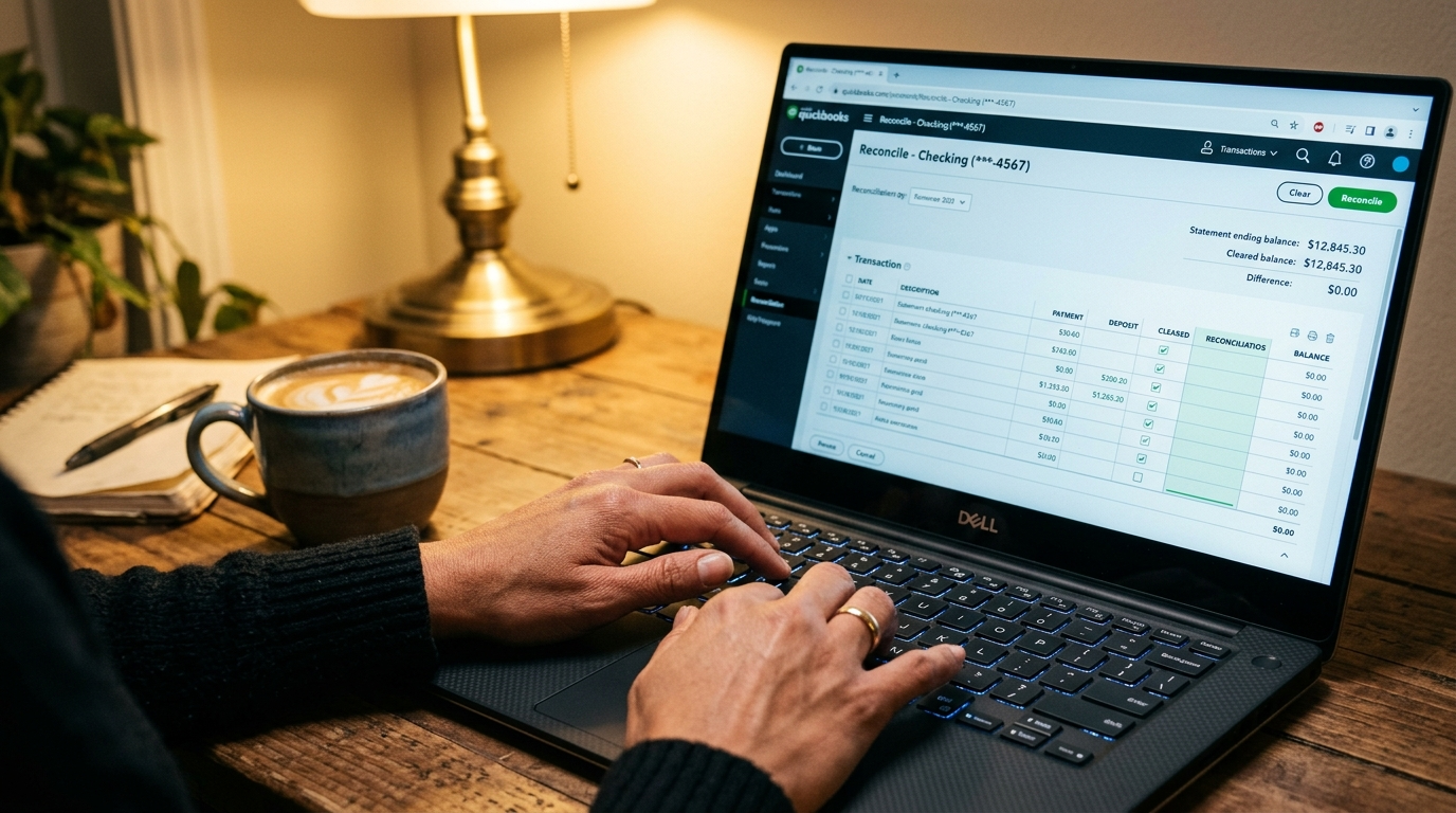 Nearshore bookkeeper reconciling accounts in QuickBooks, highlighting the difference between QuickBooks Live bookkeeping cost and a dedicated hire