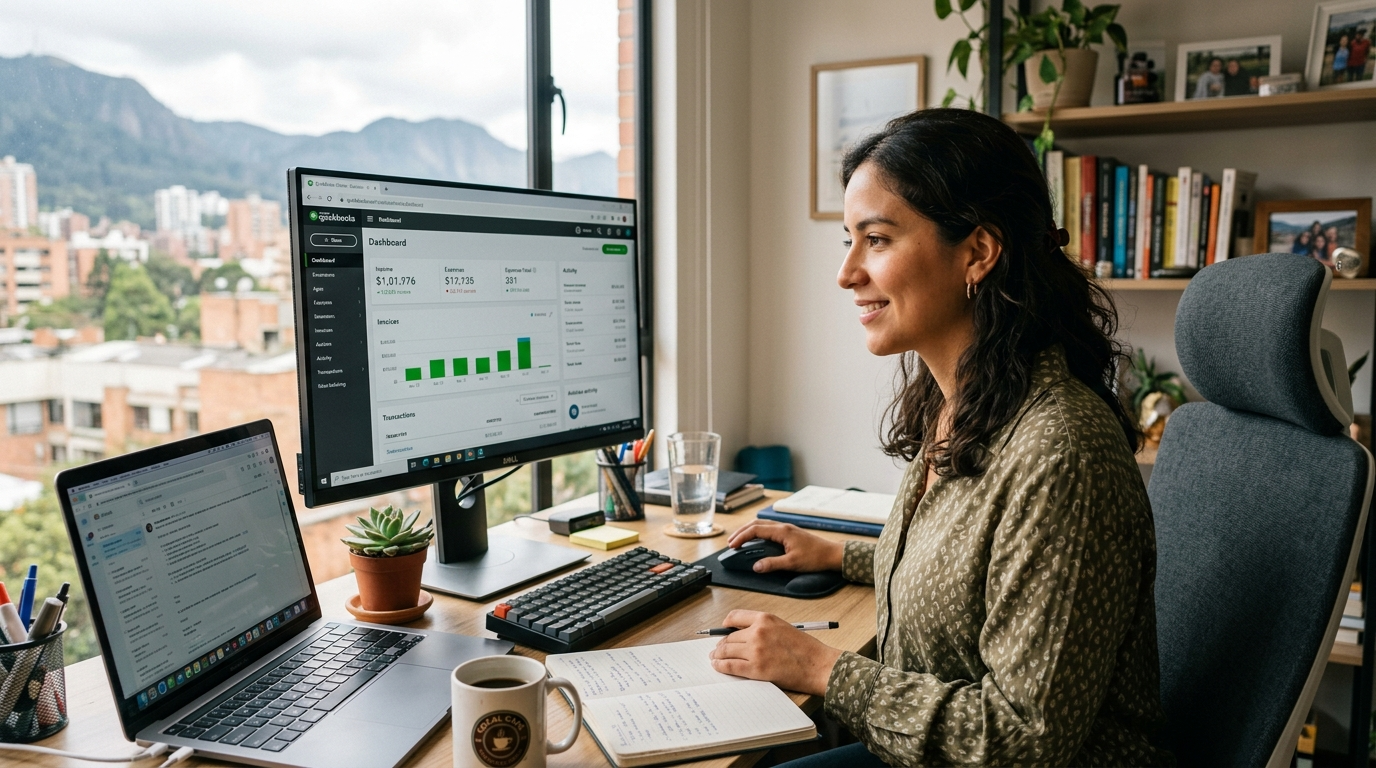 Nearshore bookkeeping VA reviewing QuickBooks Online Accountant pricing dashboard at a modern Latin American home office