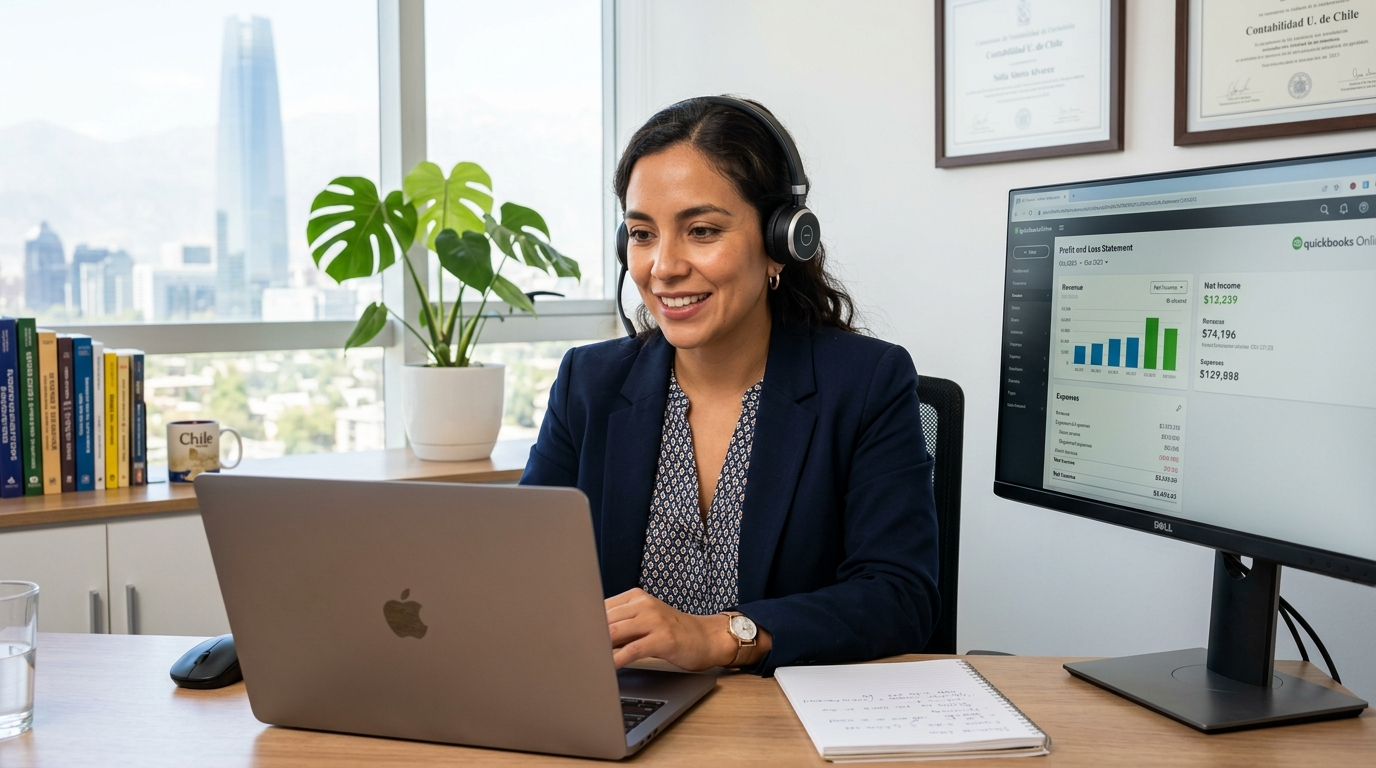 Nearshore bookkeeping VA on video call with US client while managing QuickBooks Online Accountant dashboard