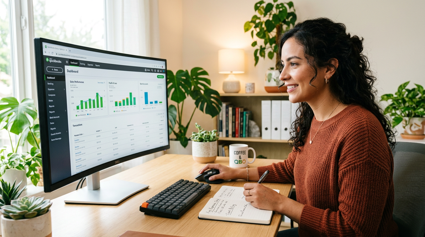 Nearshore QuickBooks Online bookkeeper reviewing financial dashboard on monitor at a Latin American home office