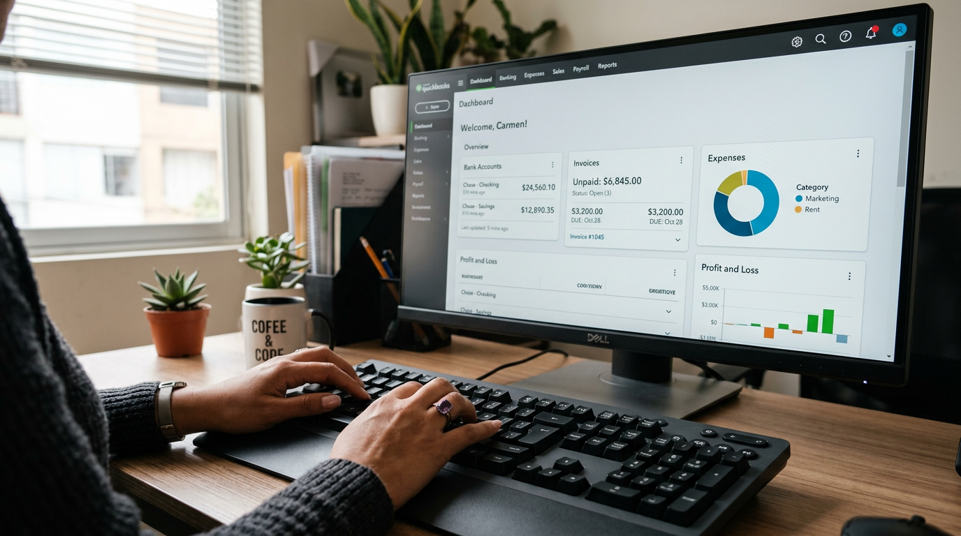 QuickBooks Online bookkeeper working through bank reconciliation dashboard on desktop monitor