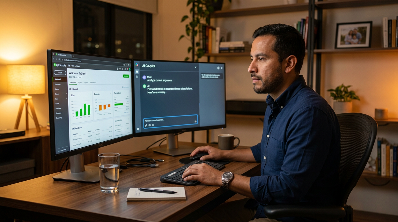 QuickBooks Online bookkeeper using AI copilot on dual monitors to complete month-end reconciliation faster