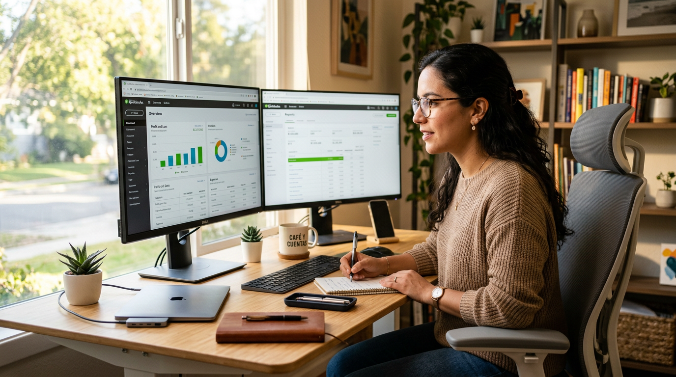 Nearshore virtual bookkeeper reviewing QuickBooks Online bookkeeping services dashboard on dual monitors in a bright Latin American home office