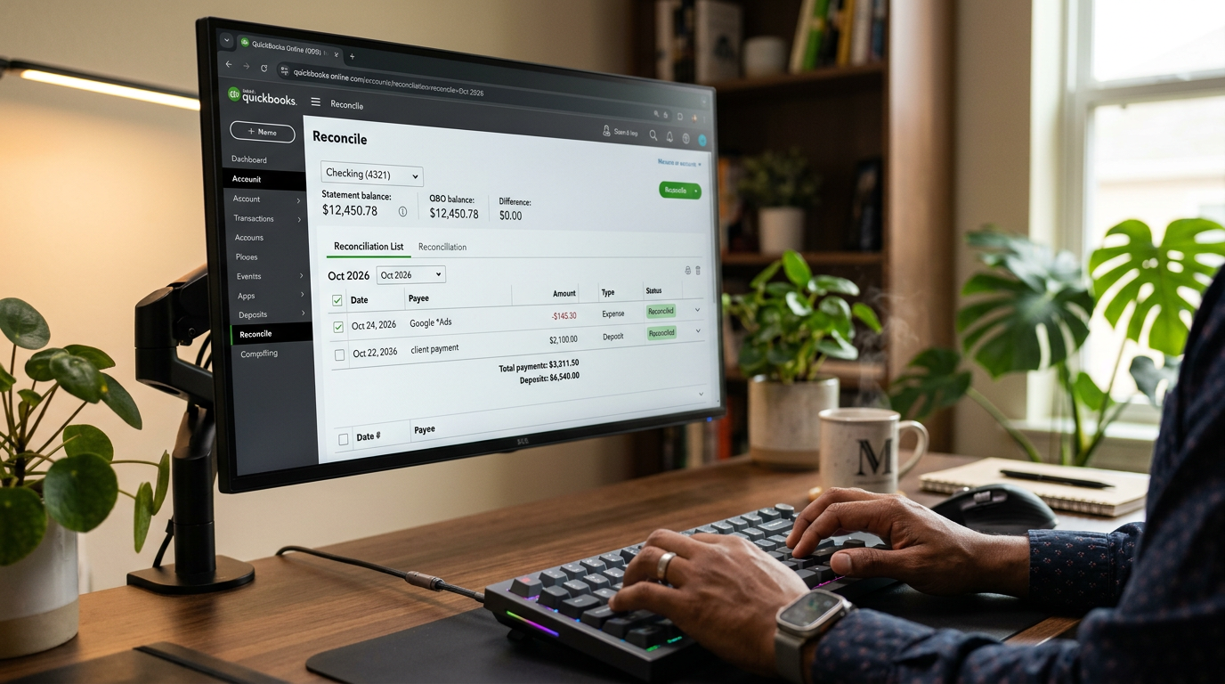 Nearshore bookkeeper reconciling accounts inside QuickBooks Online bookkeeping services platform, hands on keyboard, monitor in focus