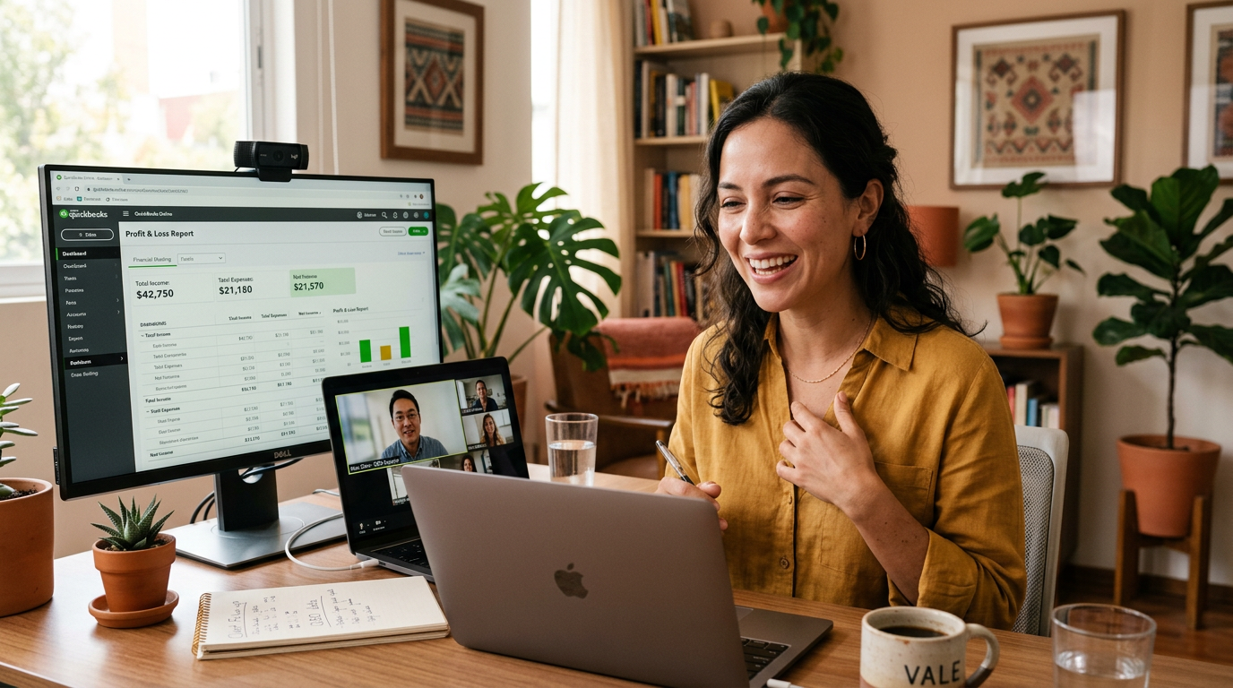 Nearshore virtual bookkeeper on video call with US client, QuickBooks Online bookkeeping services report visible on monitor in background