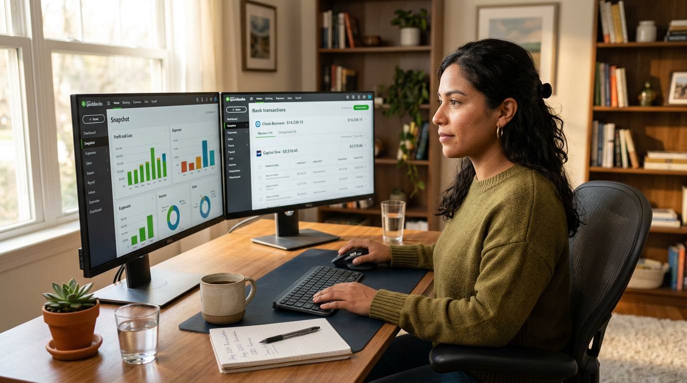 Nearshore virtual bookkeeper reviewing QuickBooks setup dashboard on dual monitors in a bright Latin American home office
