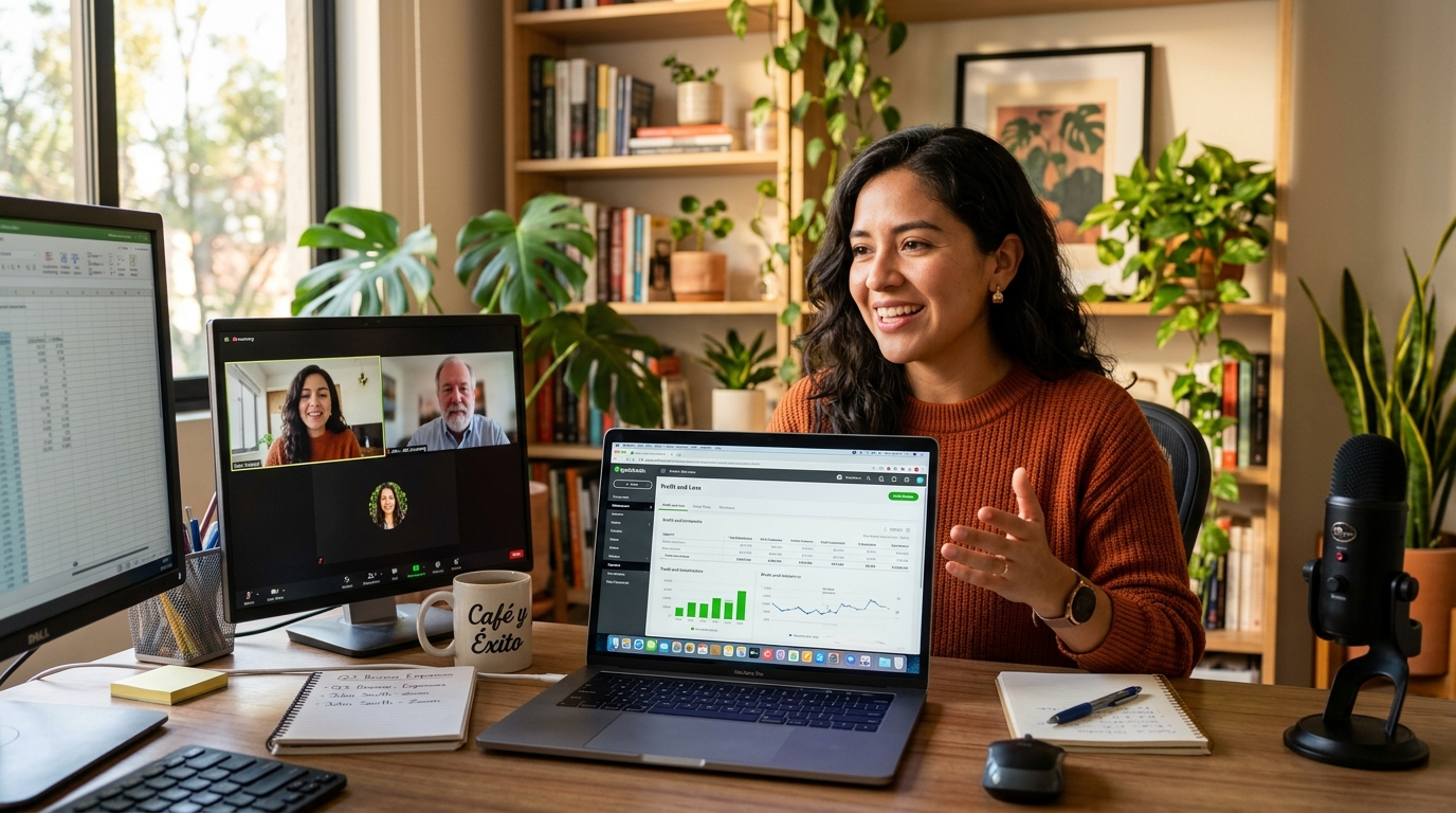 Nearshore QuickBooks bookkeeper on video call with US business owner reviewing monthly financial reports