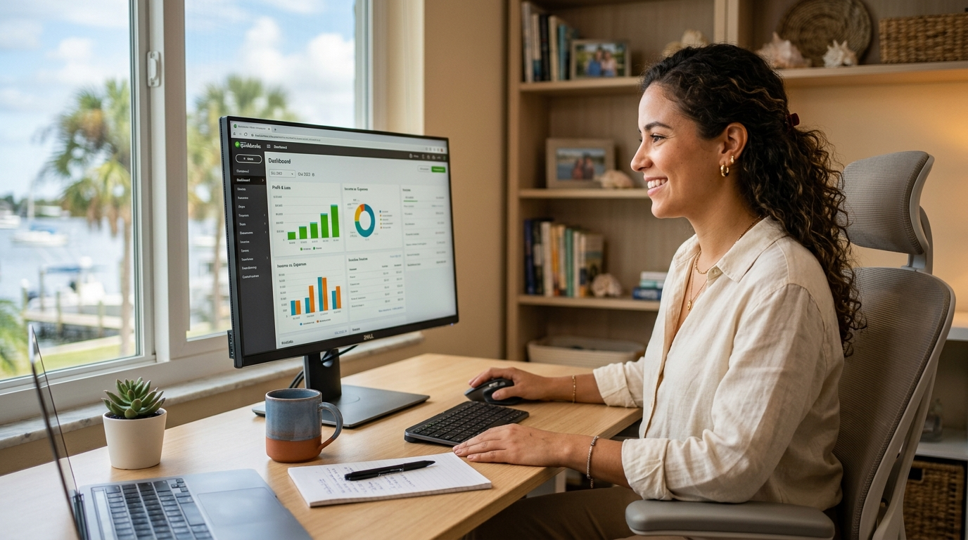 Nearshore virtual bookkeeper reviewing QuickBooks small business pricing dashboard for a Tarpon Springs business, 2026.