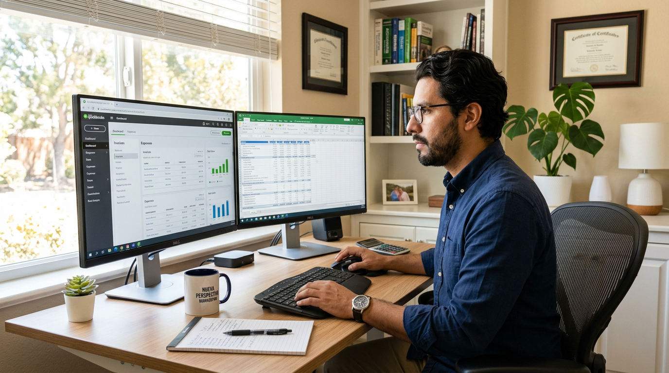 Nearshore virtual bookkeeper managing QuickBooks accounts for a Tarpon Springs small business from a Latin American home office.