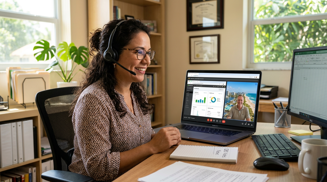 Nearshore bookkeeper on video call with Tarpon Springs small business owner reviewing QuickBooks financials together in 2026.