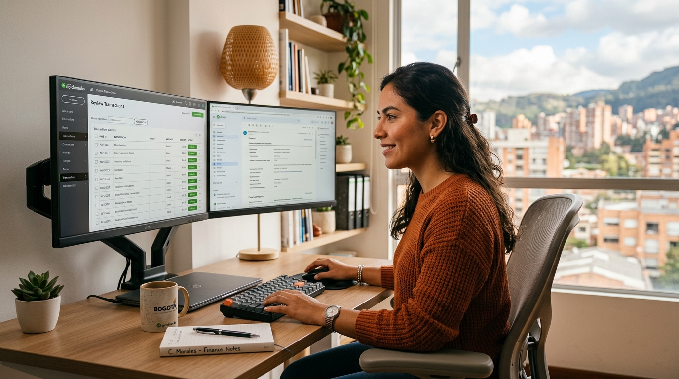 Nearshore QuickBooks virtual bookkeeper reviewing accounts on dual monitors in a Latin American home office, natural light
