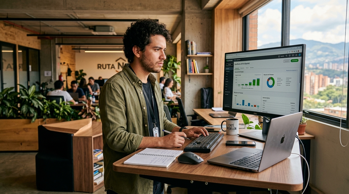 Nearshore QuickBooks bookkeeping assistant working at a standing desk in a Latin American coworking space