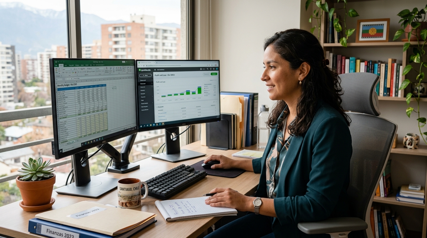 Latin American nearshore bookkeeper reviewing QuickBooks reports and spreadsheets for a US small business client