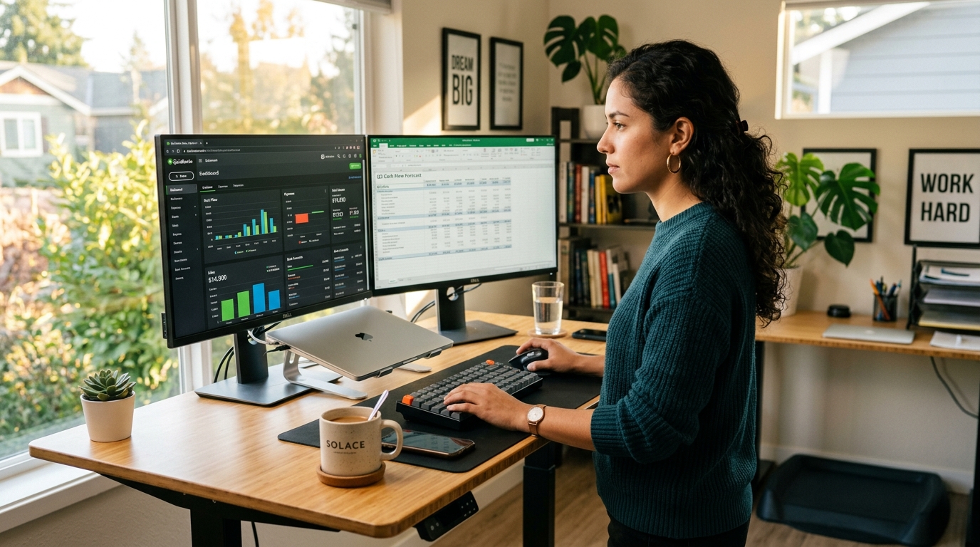 Latin American virtual bookkeeper reviewing QuickBooks Online dashboard — QuickBooks virtual bookkeeper cost comparison 2026