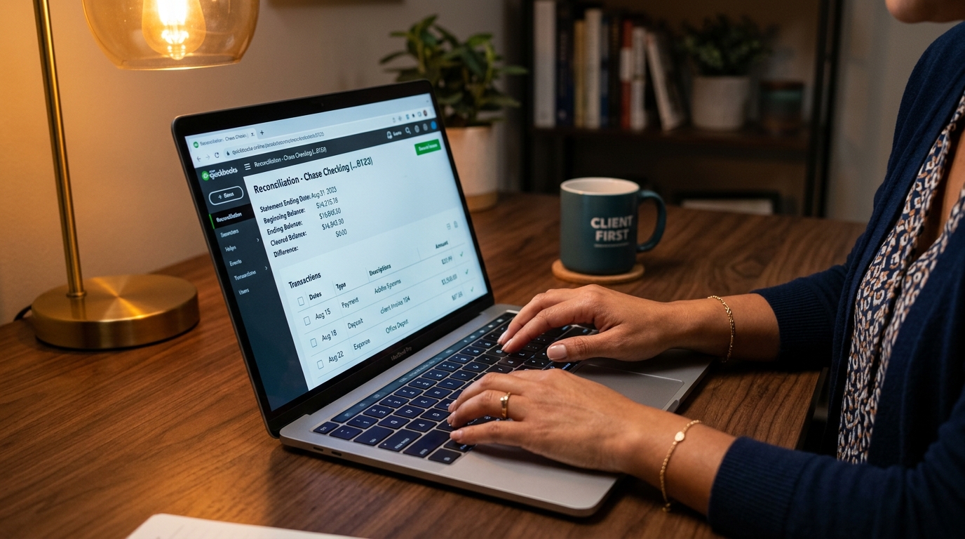 Virtual bookkeeper reconciling accounts in QuickBooks Online — nearshore bookkeeping cost comparison 2026