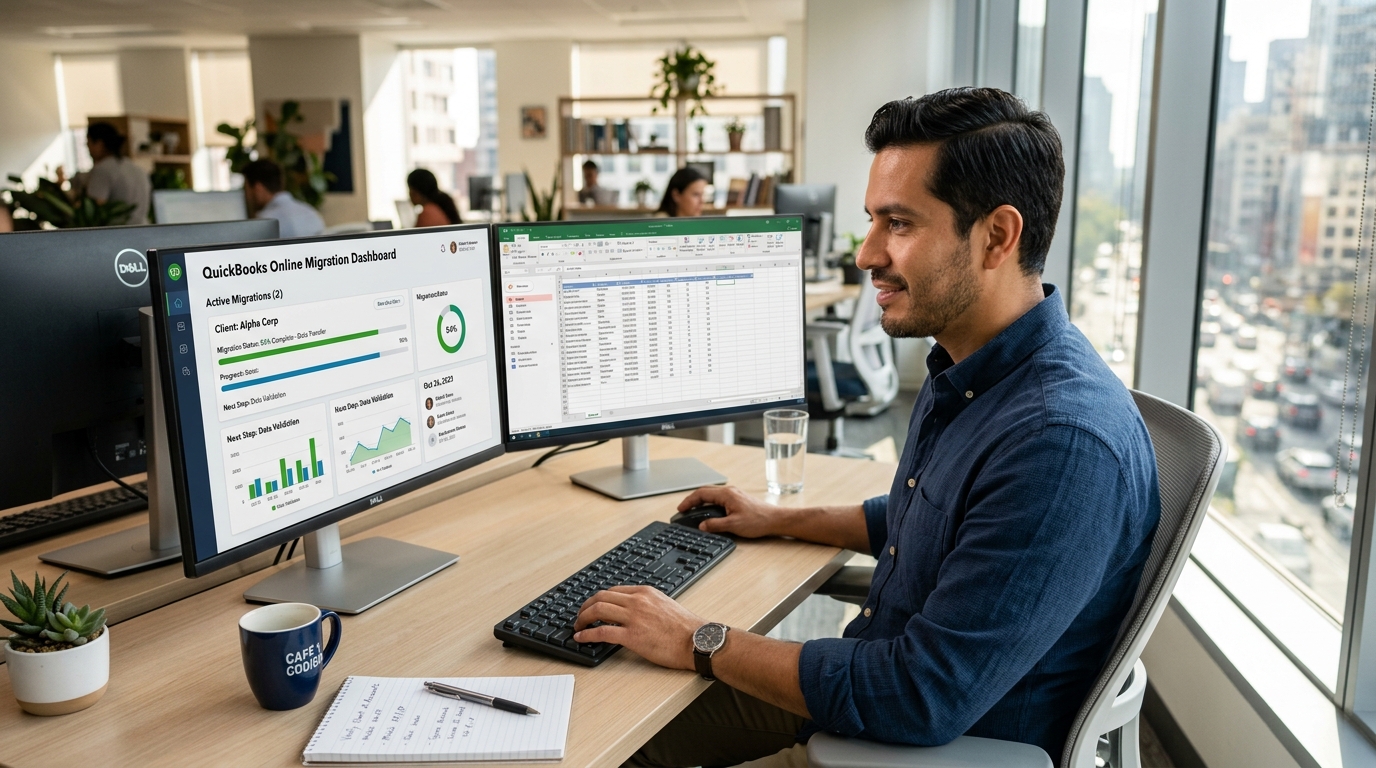 Nearshore bookkeeper managing QuickBooks Online migration — dedicated virtual bookkeeper cost 2026