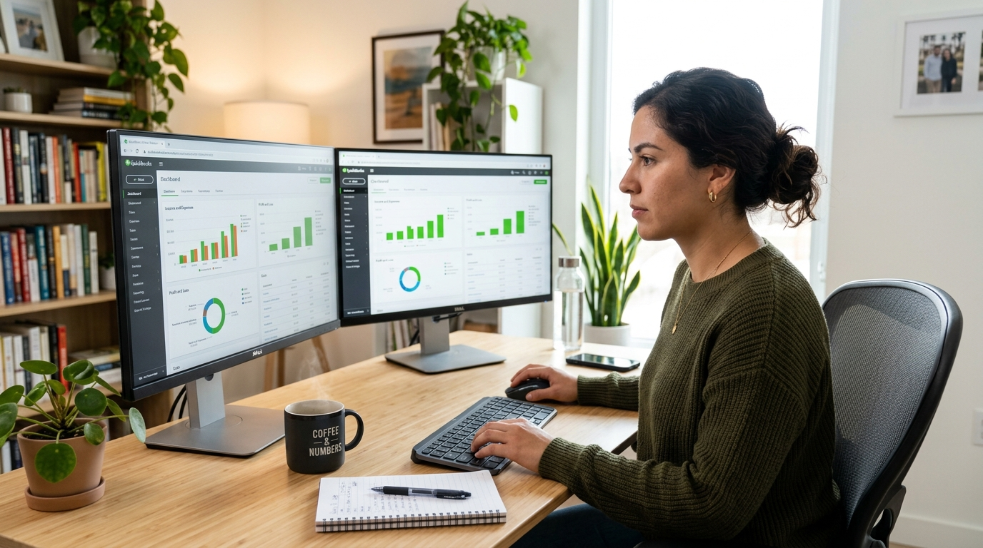 Latin American QuickBooks virtual bookkeeper reviewing financial dashboard on dual monitors in a modern home office