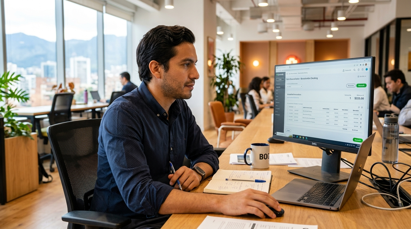 Nearshore QuickBooks virtual bookkeeper reconciling bank accounts inside QuickBooks Online from a Latin American office