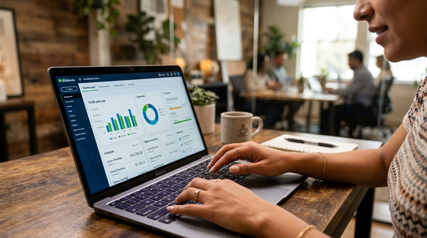 QuickBooks Online dashboard open on a laptop, nearshore virtual bookkeeper entering transaction data with financial charts visible