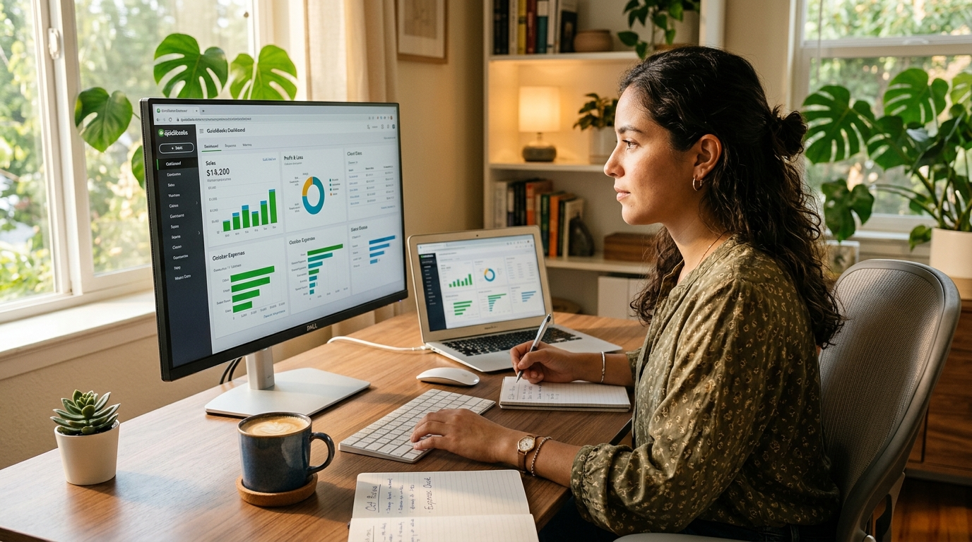 Nearshore Latin American virtual bookkeeper reviewing QuickBooks dashboard—QuickBooks virtual bookkeeper services compared 2026