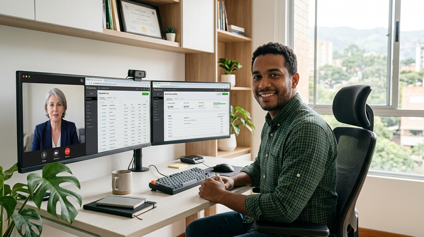 Nearshore Latin American virtual bookkeeper on video call reviewing QuickBooks Online ledger with US client