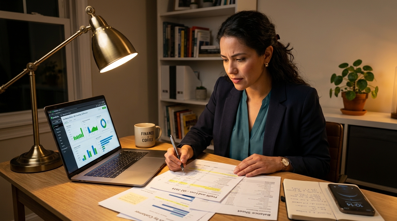 Nearshore QuickBooks virtual bookkeeper reviewing month-end financial statements in Latin America, professional home office setting