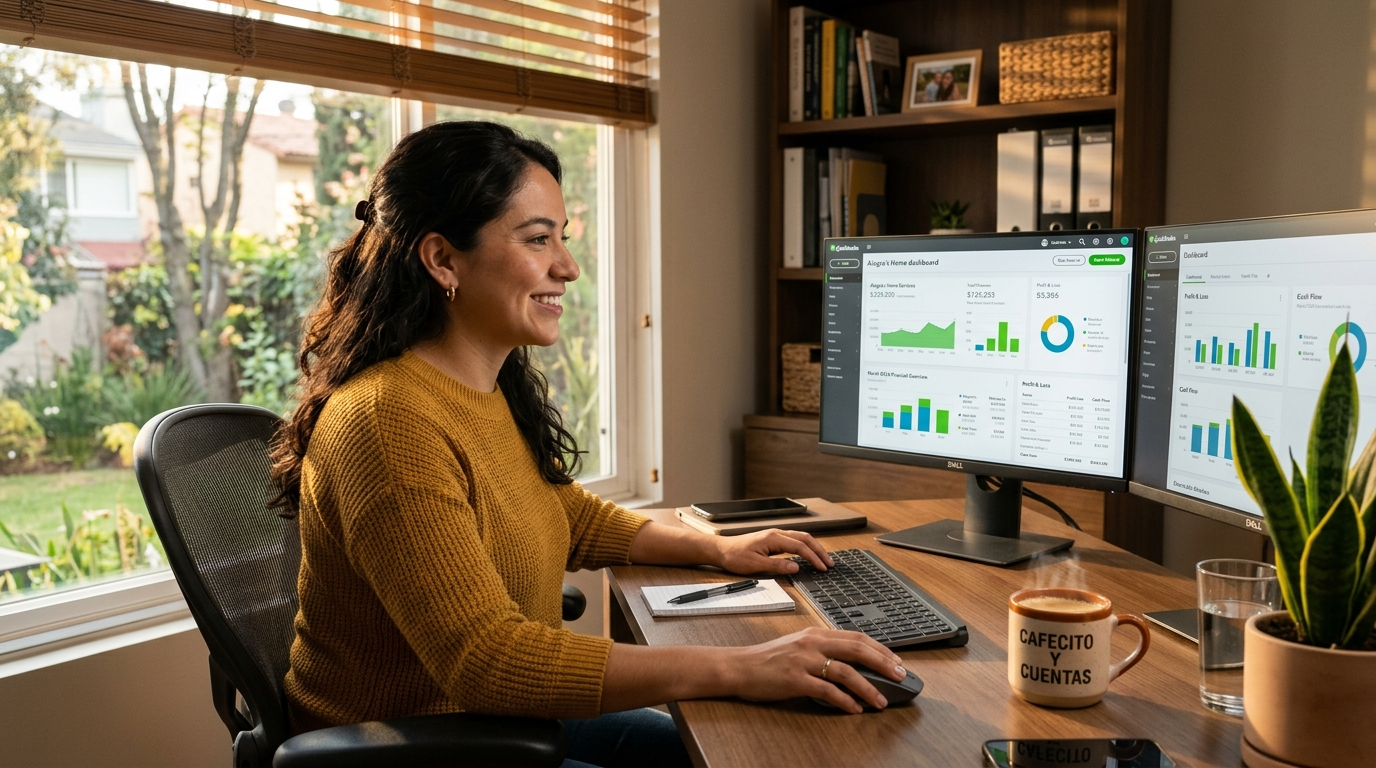 Latin American remote bookkeeper reviewing QuickBooks dashboard, illustrating remote bookkeeper cost and nearshore staffing value in 2026