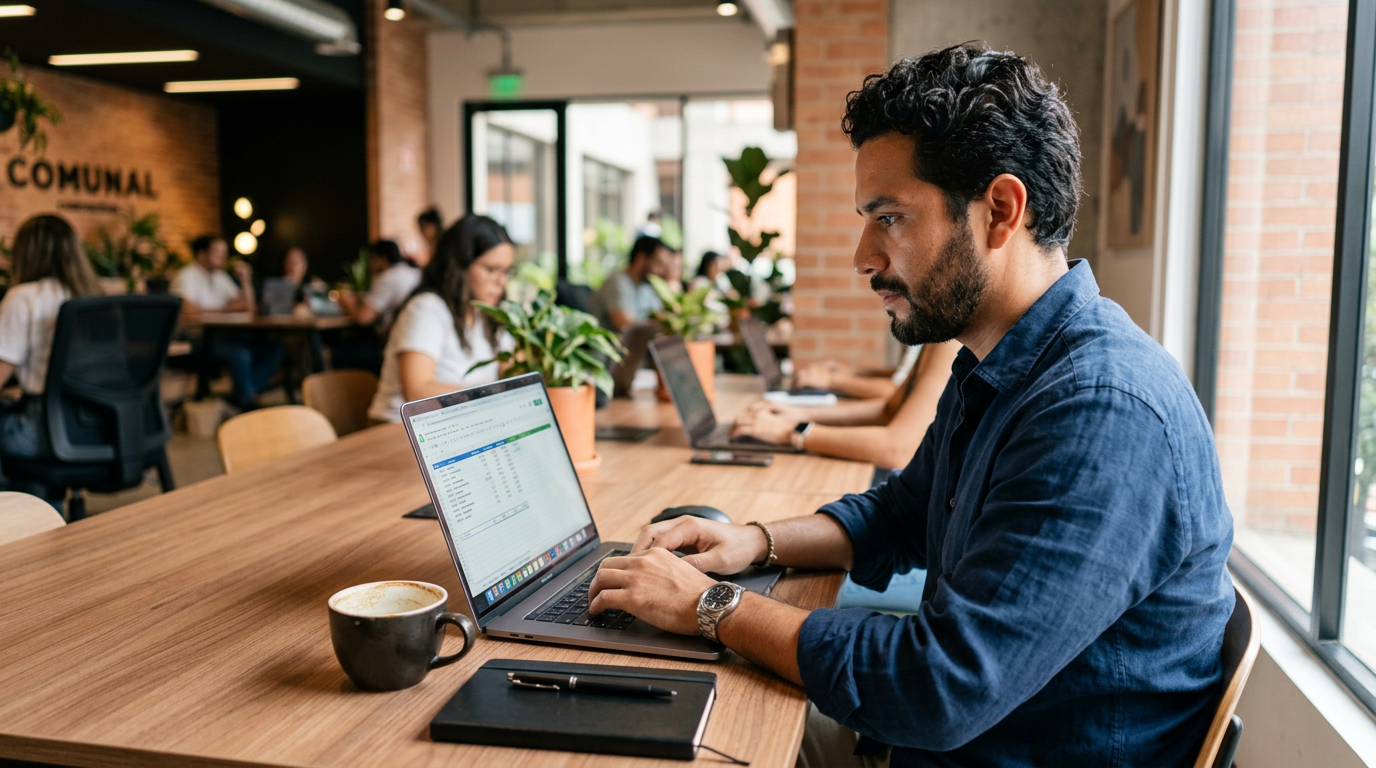 Nearshore remote bookkeeper working at a Latin American co-working space, illustrating 2026 remote bookkeeper cost models