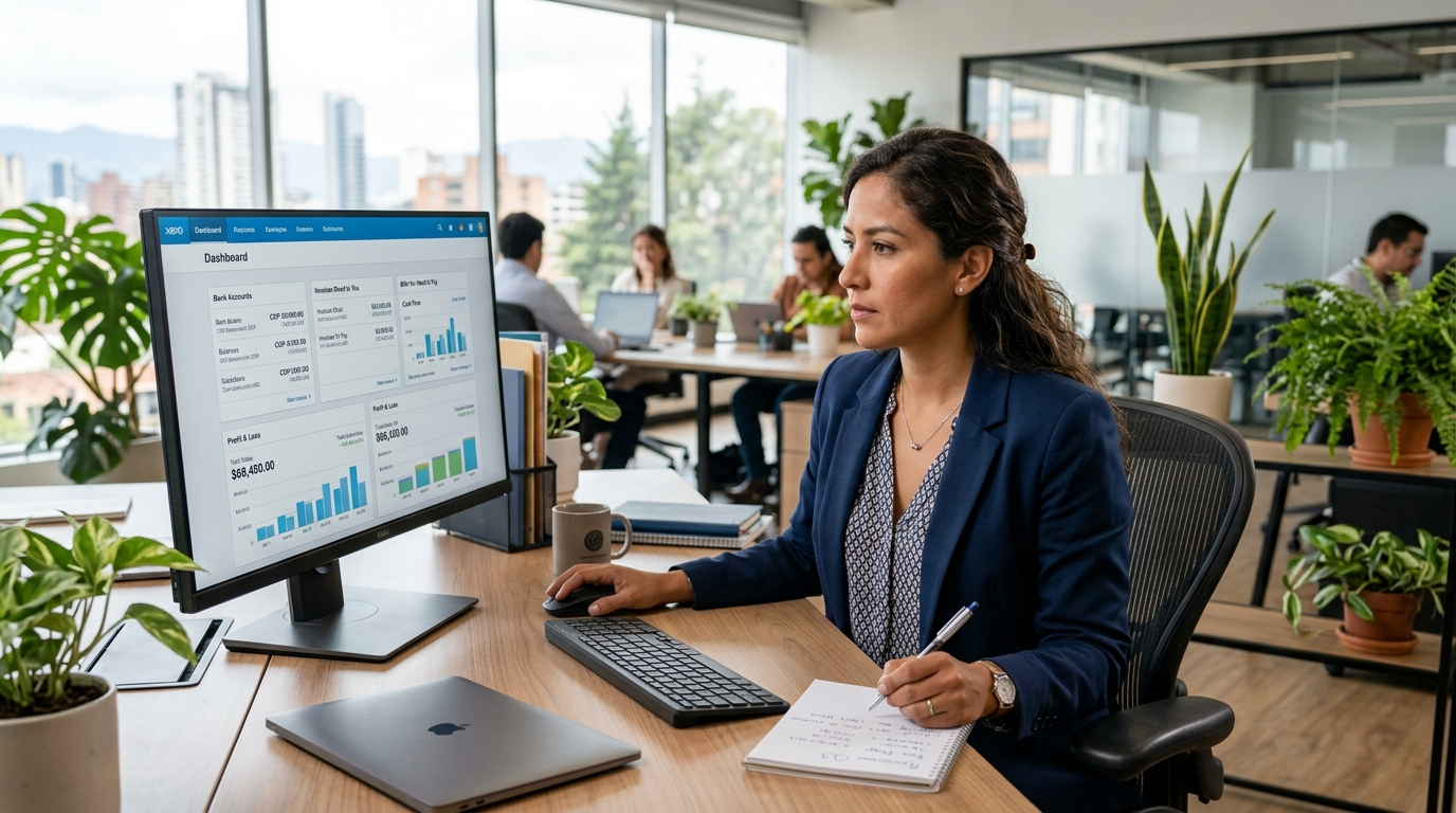 Nearshore bookkeeper reviewing Xero dashboard, showing how software training reduces remote bookkeeper cost and ramp time in 2026