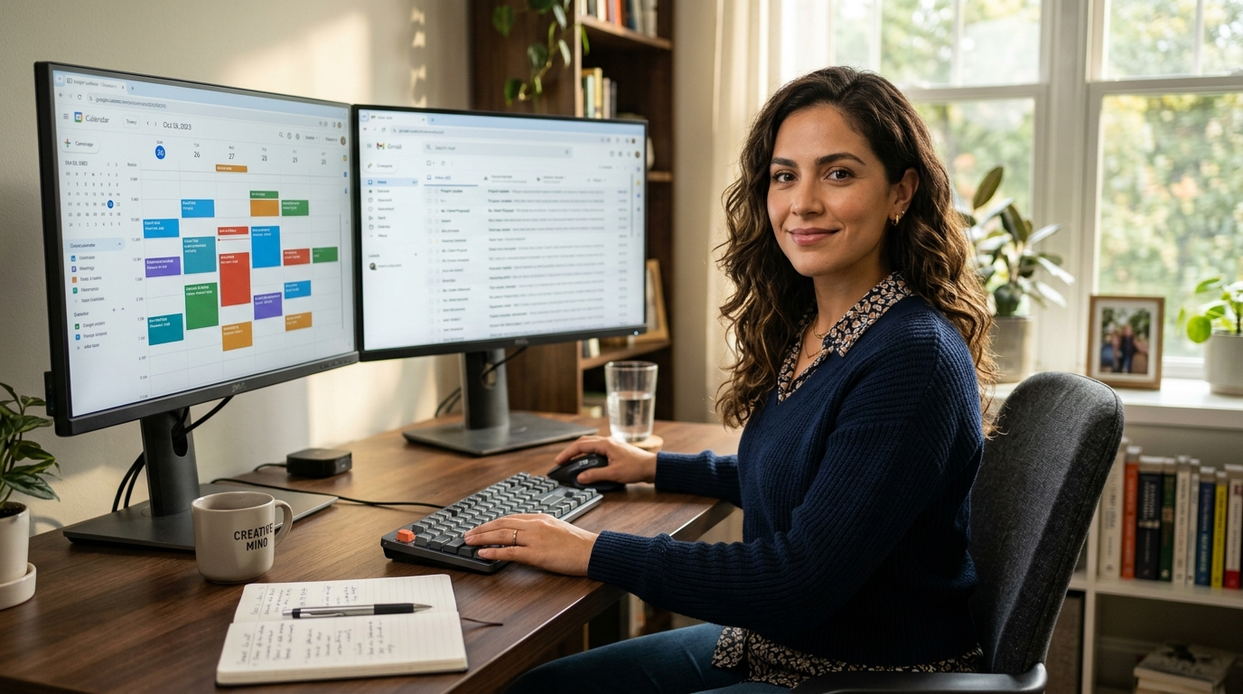 Nearshore remote executive assistant reviewing calendar and emails at a modern Latin American home office, natural light