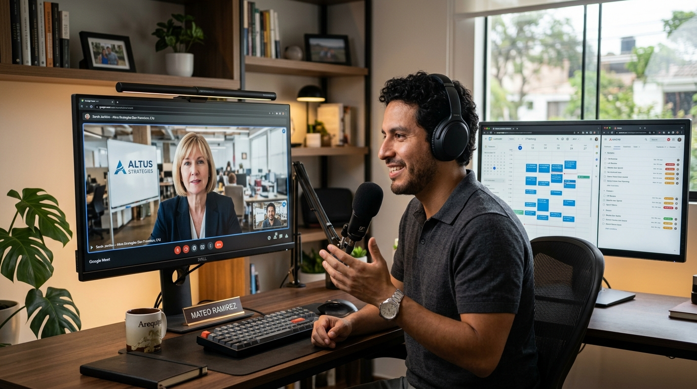 Nearshore remote executive assistant on a video call with a US client, managing calendar and tasks in real time