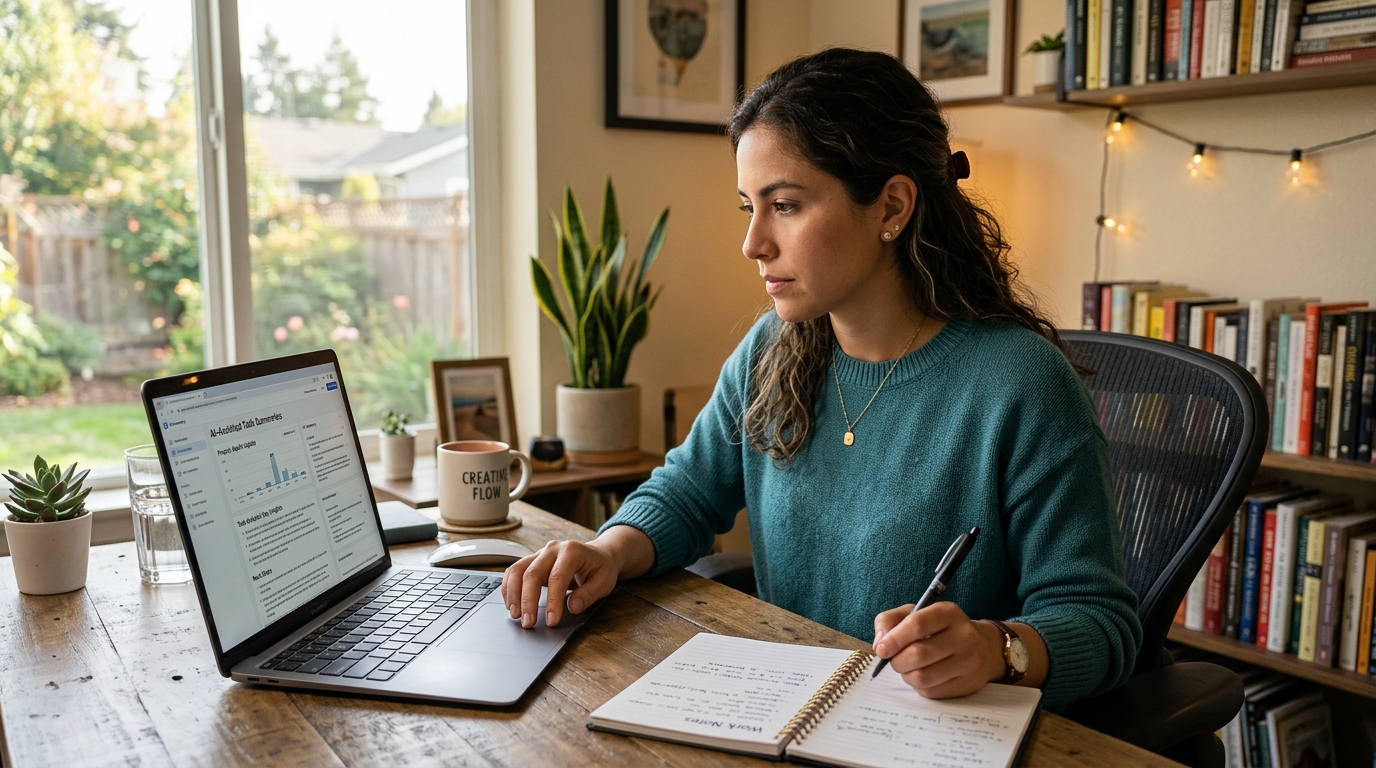Nearshore executive assistant using AI copilot tools to manage tasks and communications efficiently from a Latin American home office