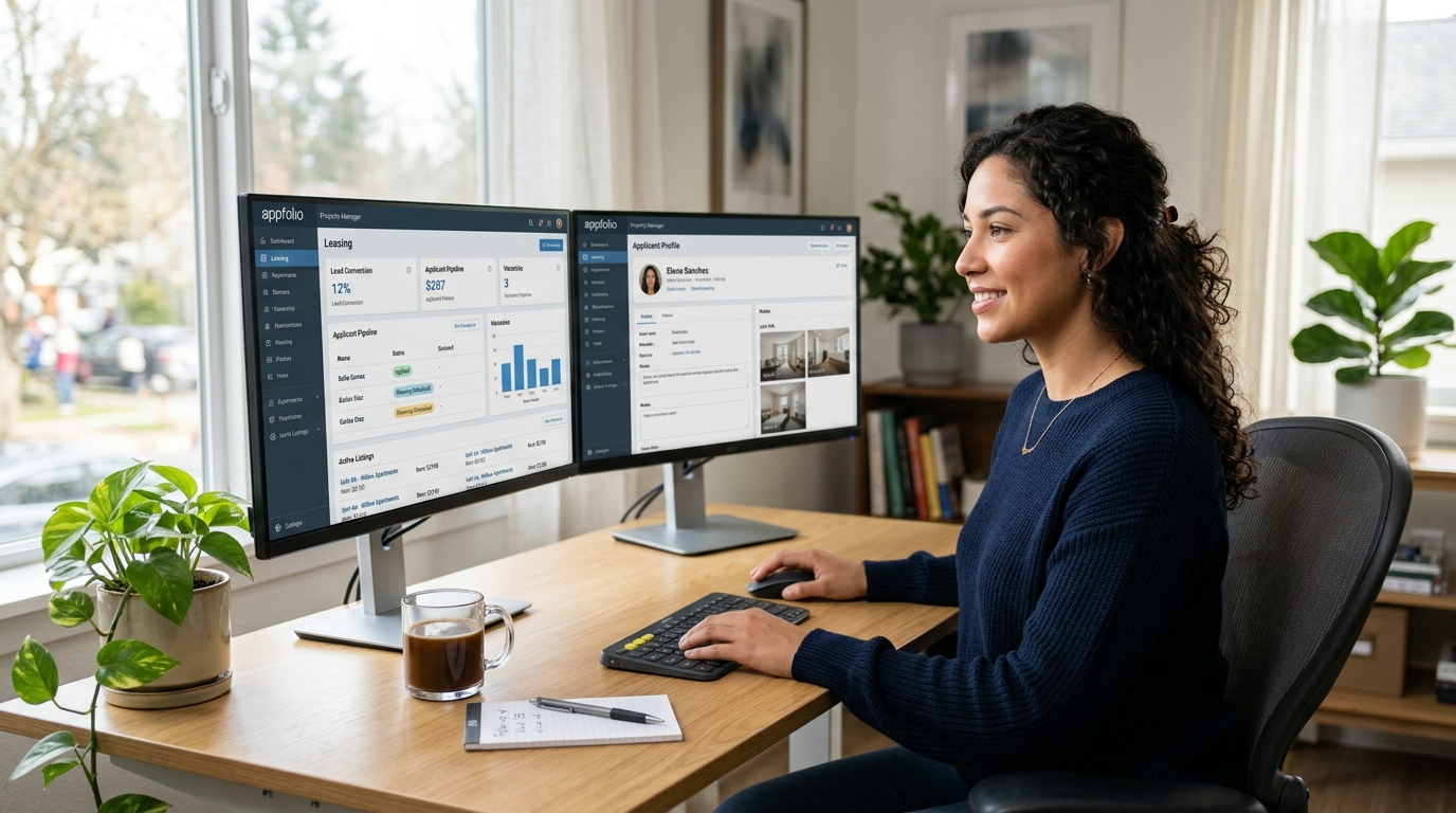 Nearshore remote leasing agent for property management working on AppFolio dashboard from a Latin American home office in 2026