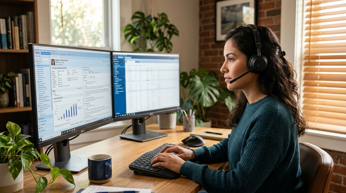 Nearshore remote medical scribe typing real-time EHR notes on dual monitors during a live physician patient visit